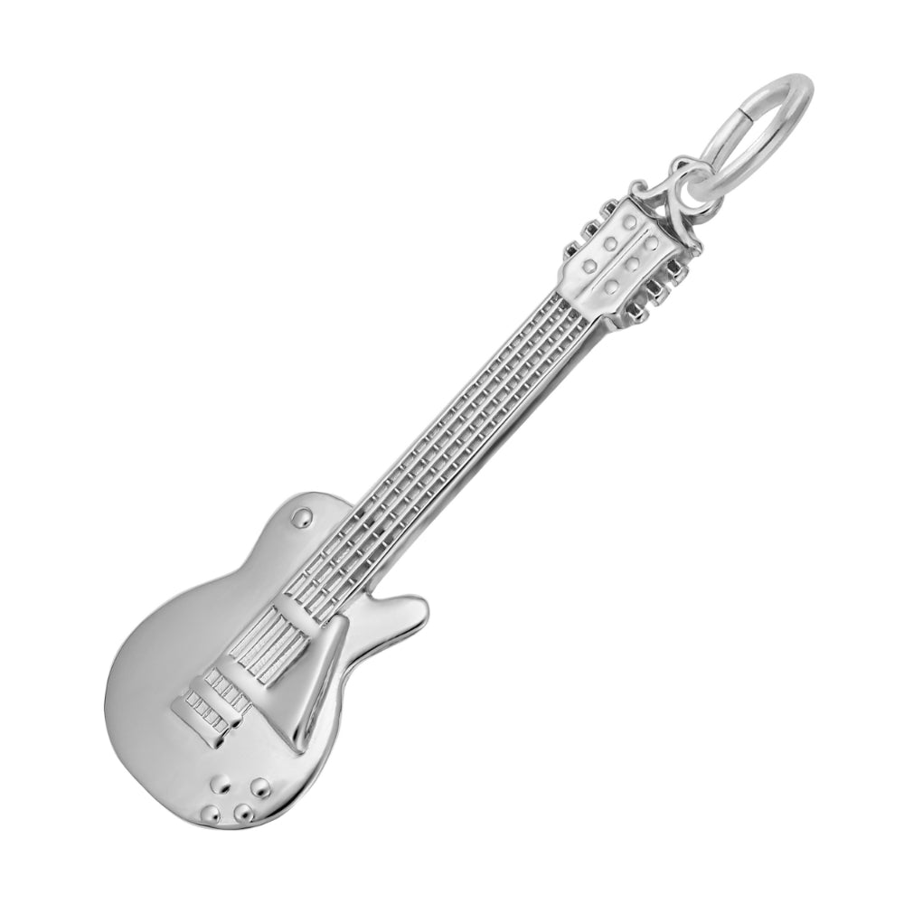 A silver electric guitar charm with a polished finish and fine detailing, shown on a plain white background.