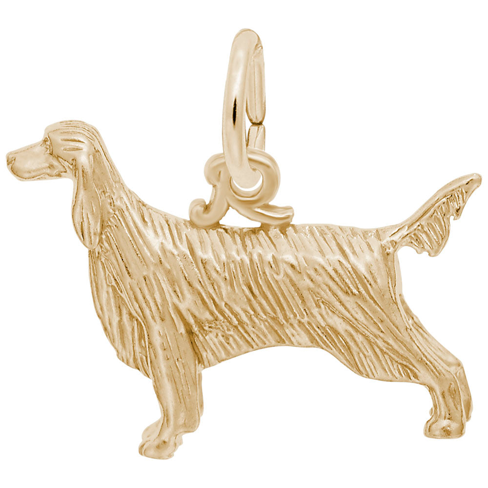 Gold Irish Setter dog charm with textured fur details, shown on a white background