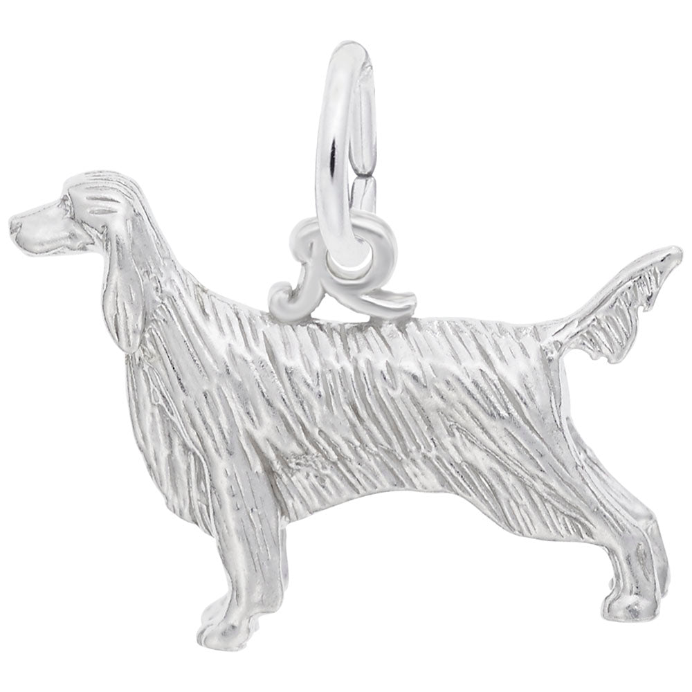 Silver Irish Setter dog charm with textured fur details, shown on a white background
