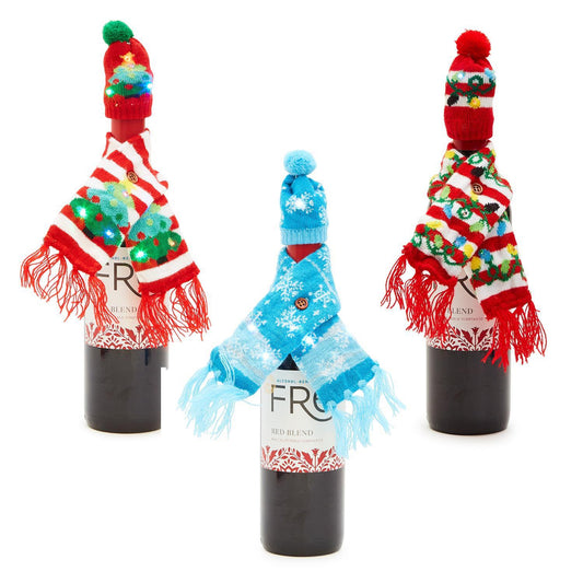 Two's Company Merry & Bright Knit Light Up Scarf & Hat Bottle Cover