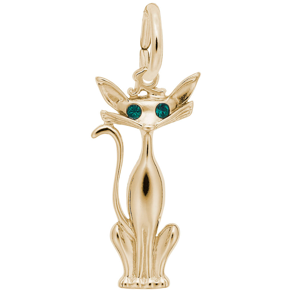Gold cat-shaped pendant with green eyes on a white background