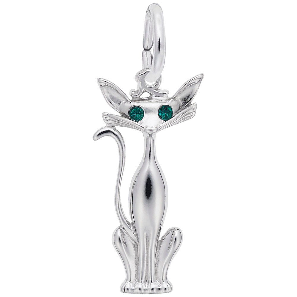 Silver cat charm with green stone eyes, shown on a white background