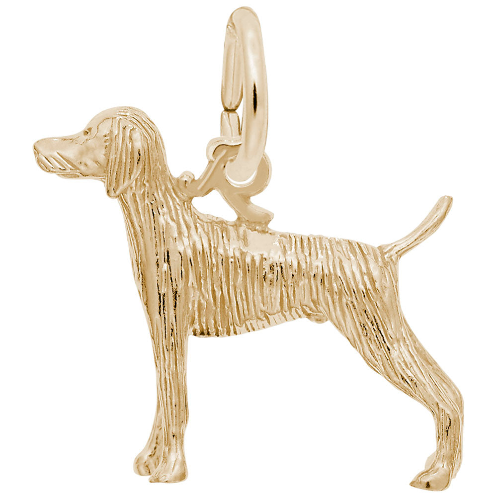 Gold Weimaraner dog charm with textured fur detailing, shown on a white background