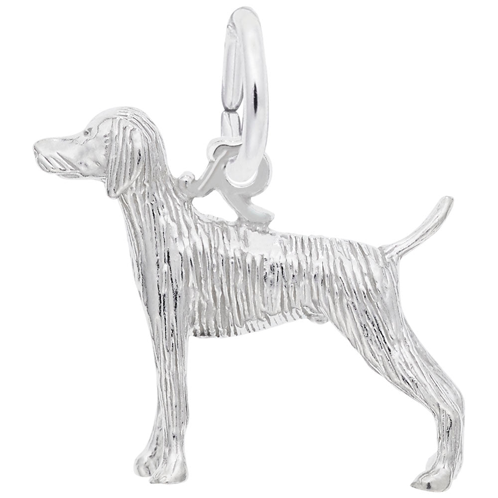 Silver Weimaraner dog charm with textured fur detailing, shown on a white background 