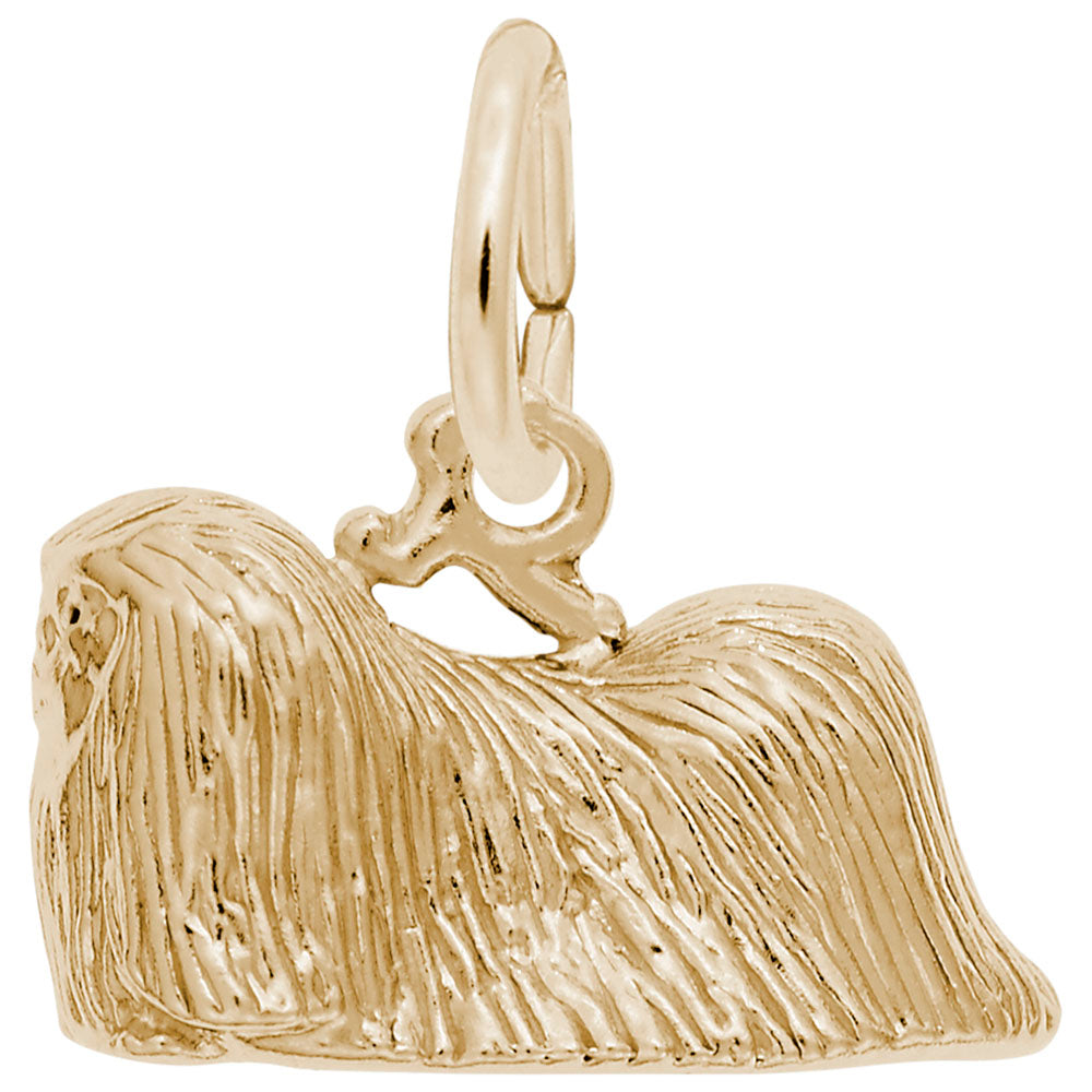 Gold Pekingese dog charm with textured fur detailing, shown on a white background