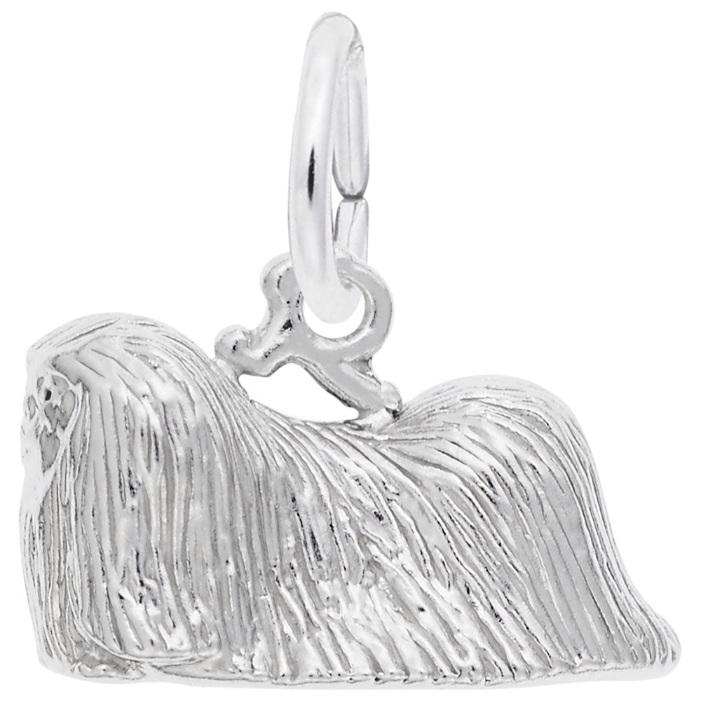 Silver Pekingese dog charm with textured fur detailing, shown on a white background