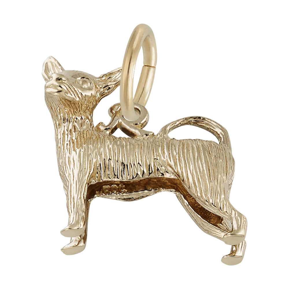 Angled view of a yellow Chihuaua charm with a textured body, shown on a white background