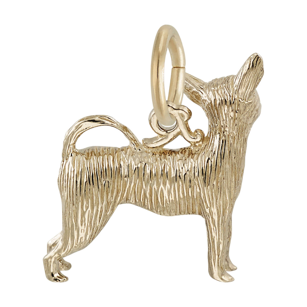 Back of a yellow Chihuaua charm with a textured body, shown on a white background