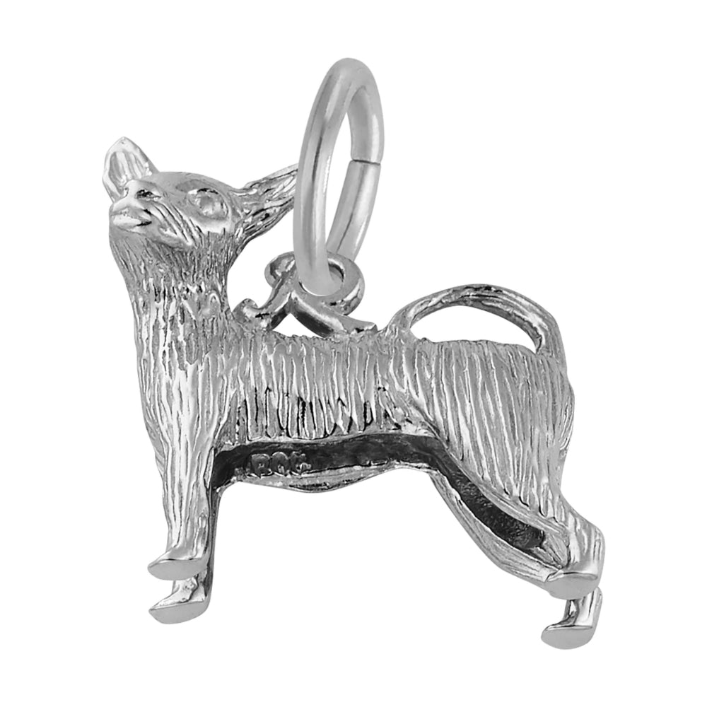 Angled view of a silver Chihuaua charm with a textured body, shown on a white background