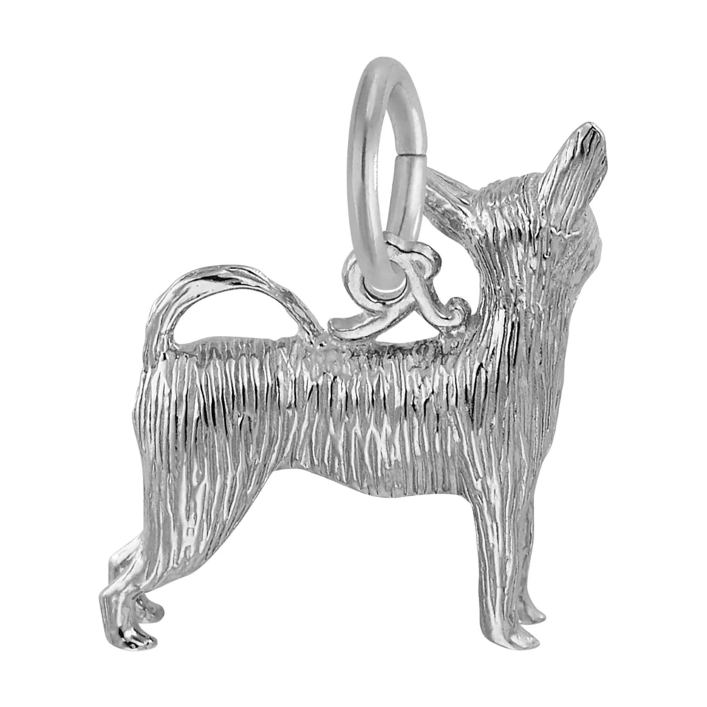 Back of a silver Chihuaua charm with a textured body, shown on a white background