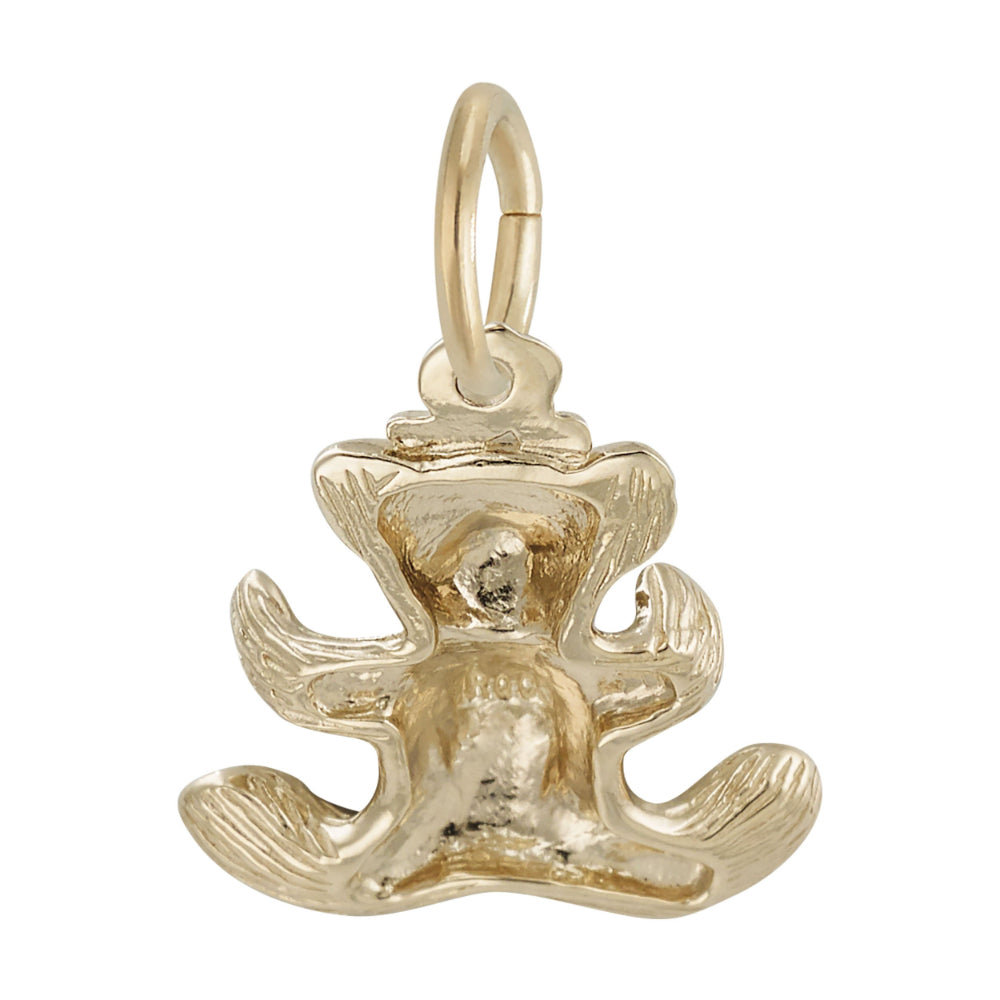 Back of gold teddy bear charm with a textured body, shown on a white background
