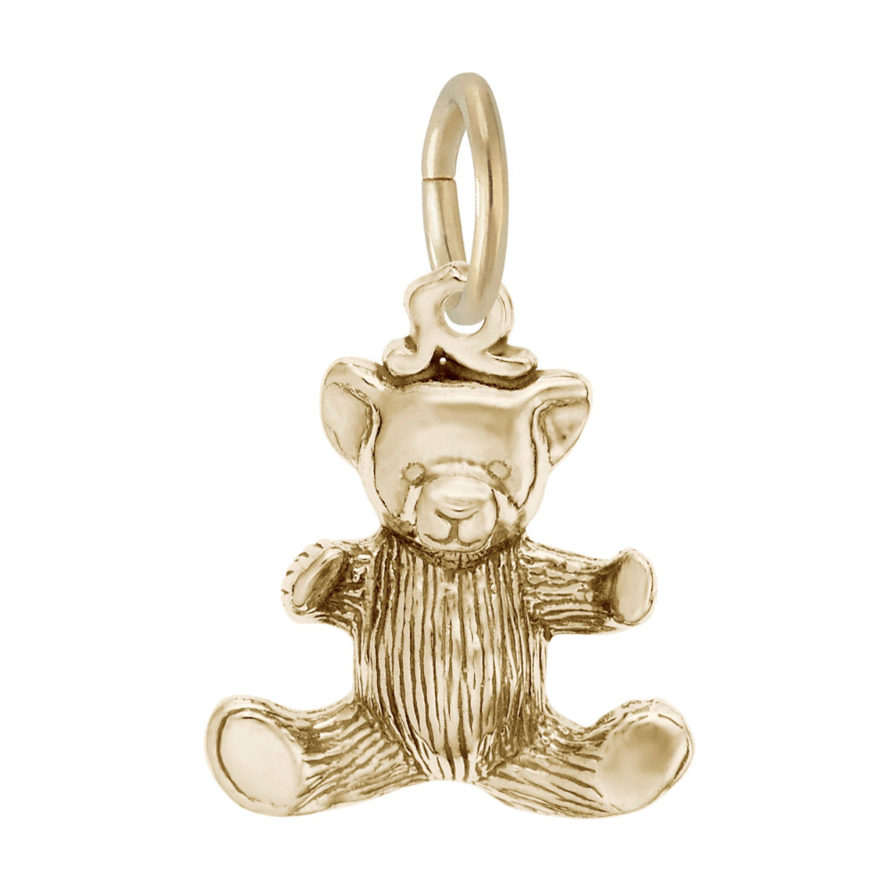 Gold teddy bear charm with a textured body, shown on a white background