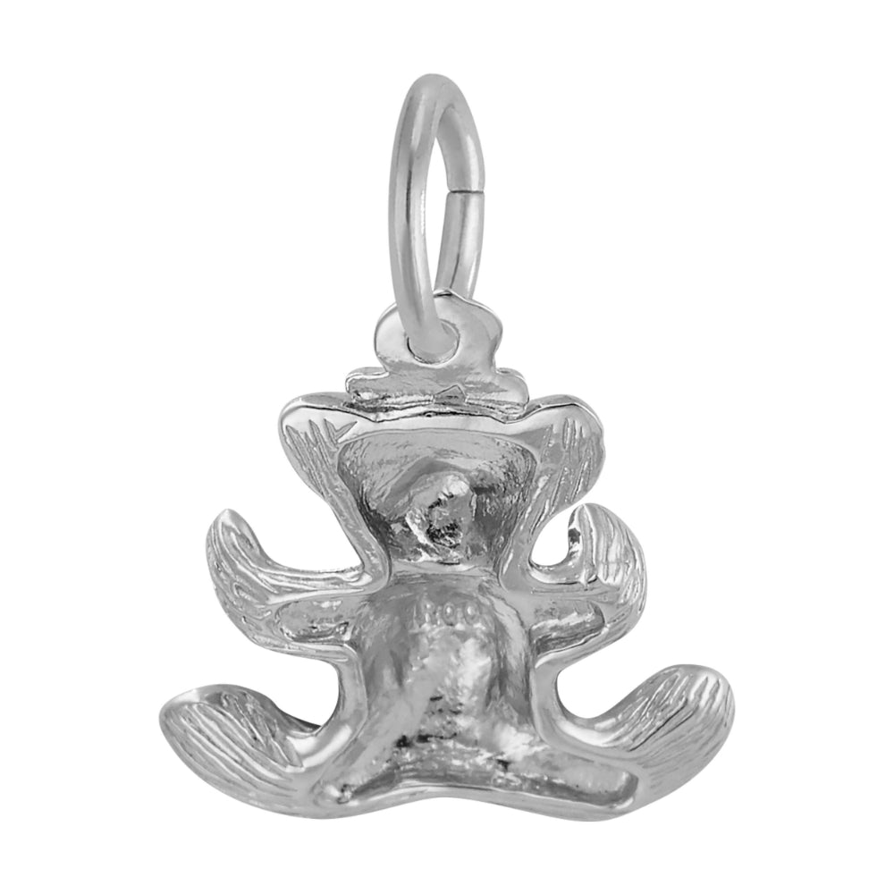 Back of silver teddy bear charm with a textured body, shown on a white background
