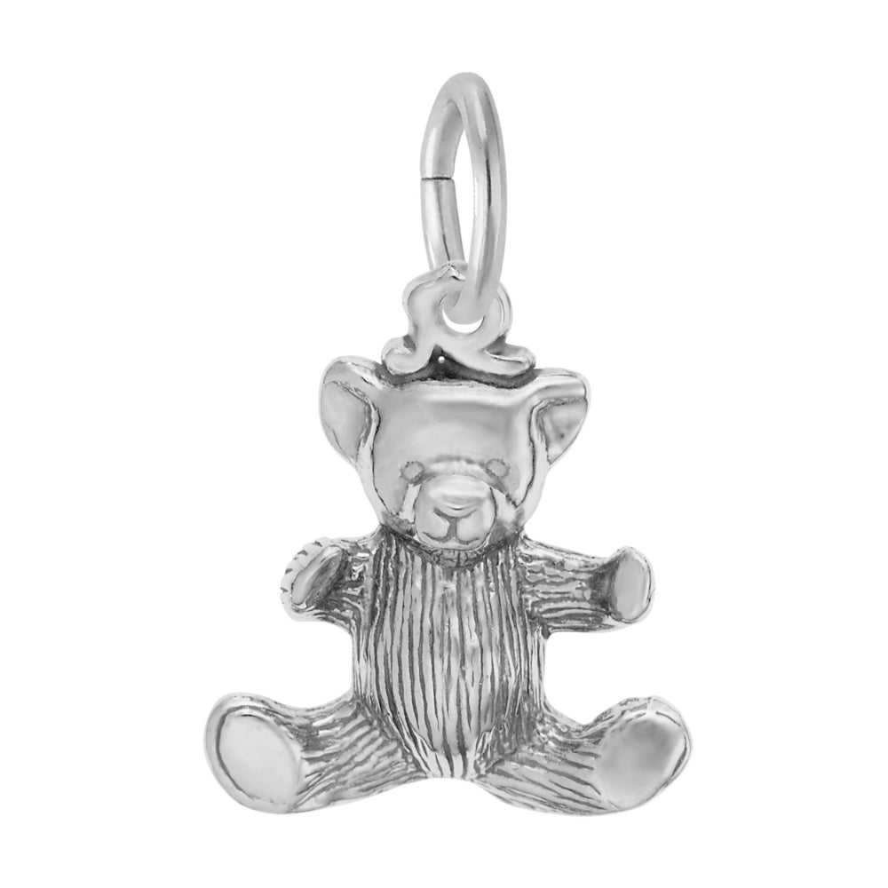 Silver teddy bear charm with a textured body, shown on a white background
