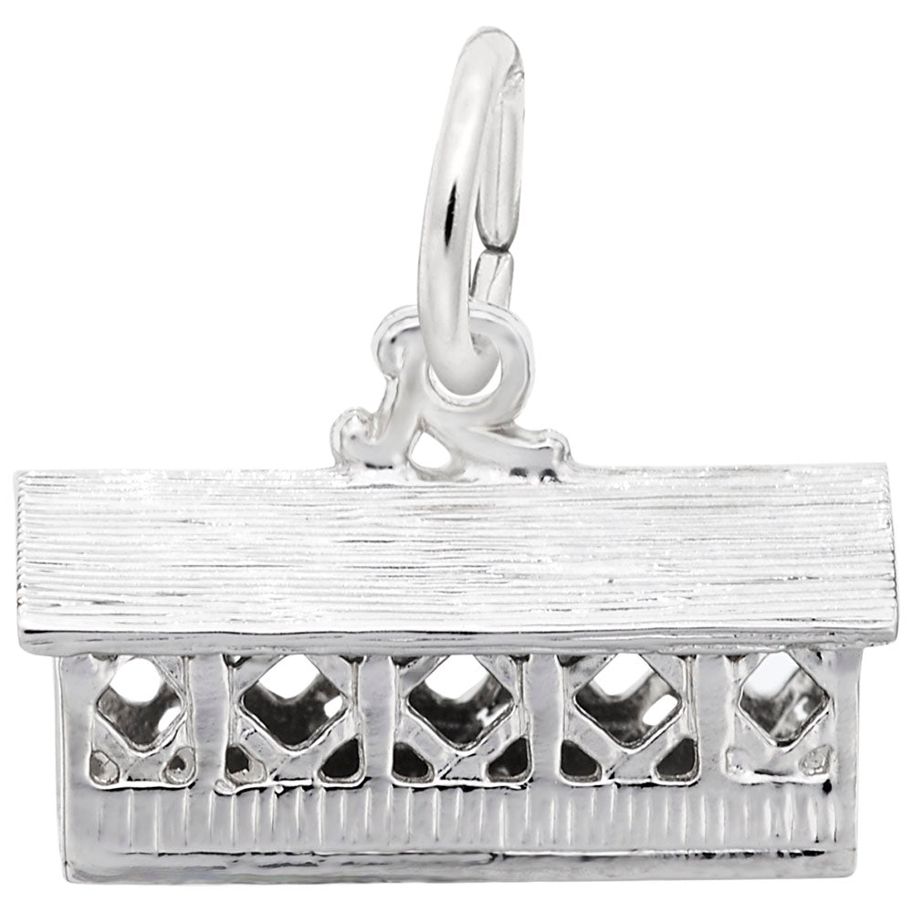 Silver covered bridge charm with textured roof and sides, shown on a white background