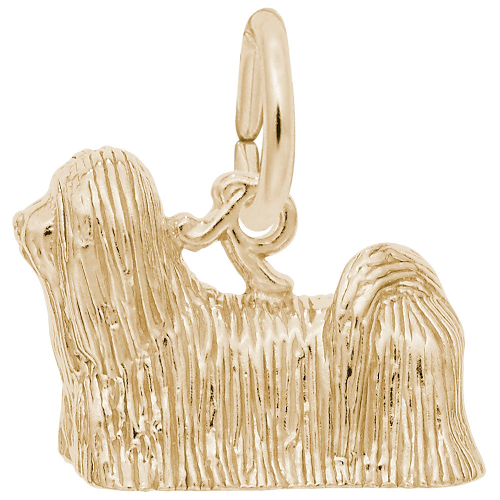 Gold Lhasa Apso dog charm with fur detailing, shown on a white background
