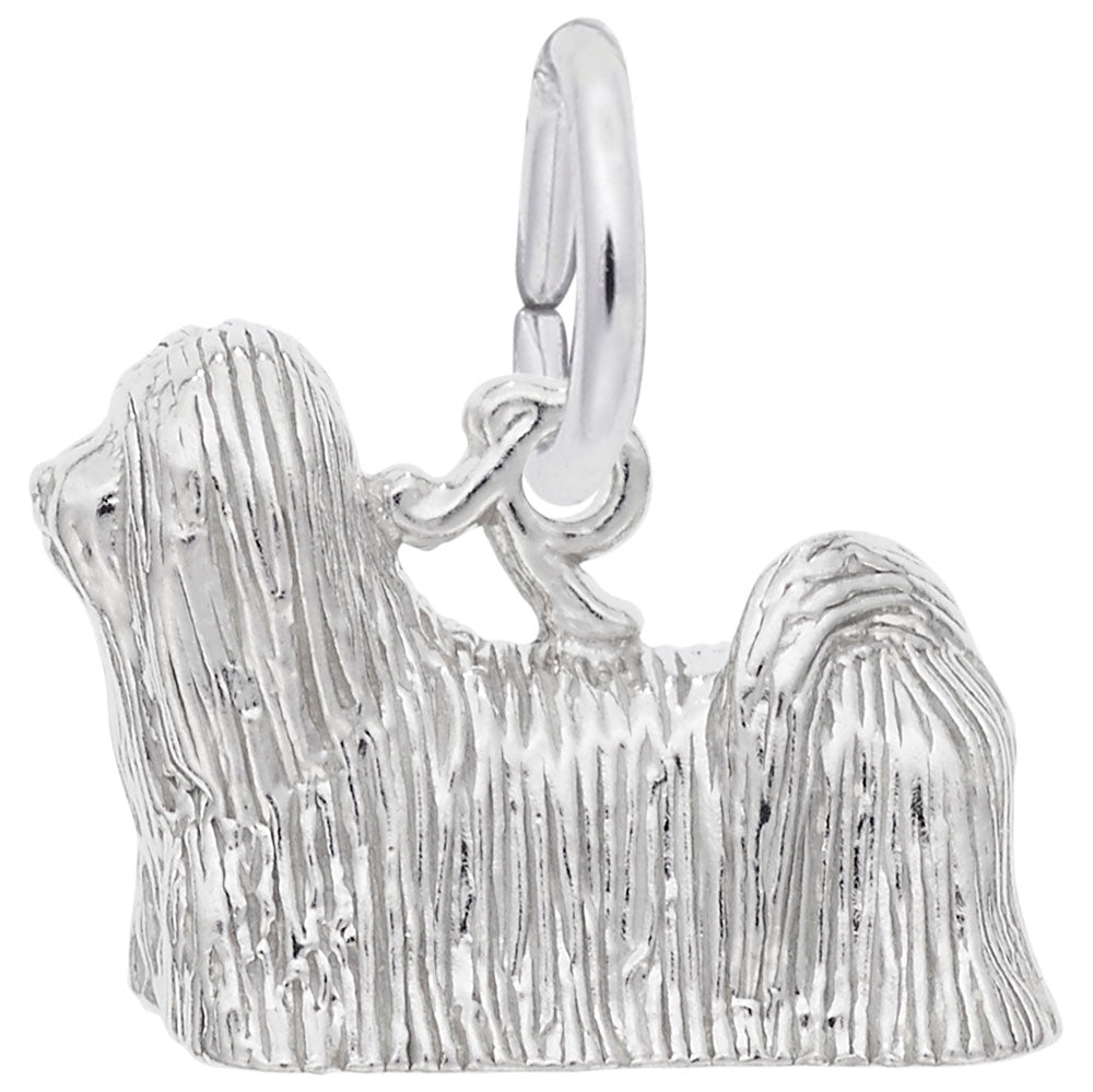 Silver Lhasa Apso dog charm with fur detailing, shown on a white background