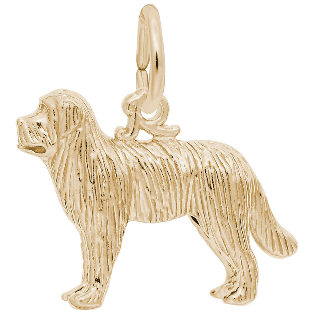 Gold Newfoundland dog charm with fur detailing, on a white background
