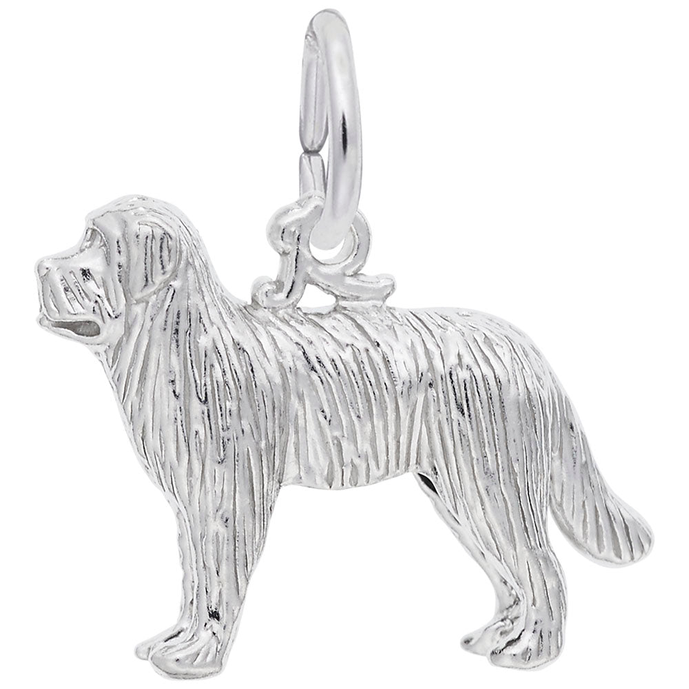 Silver Newfoundland dog charm with fur detailing, on a white background