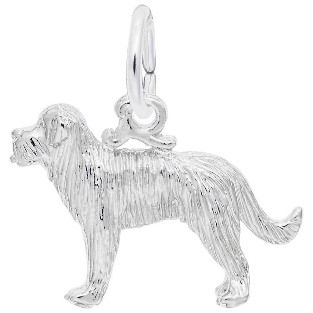 Silver St. Bernard charm with detailed fur, shown on a white background