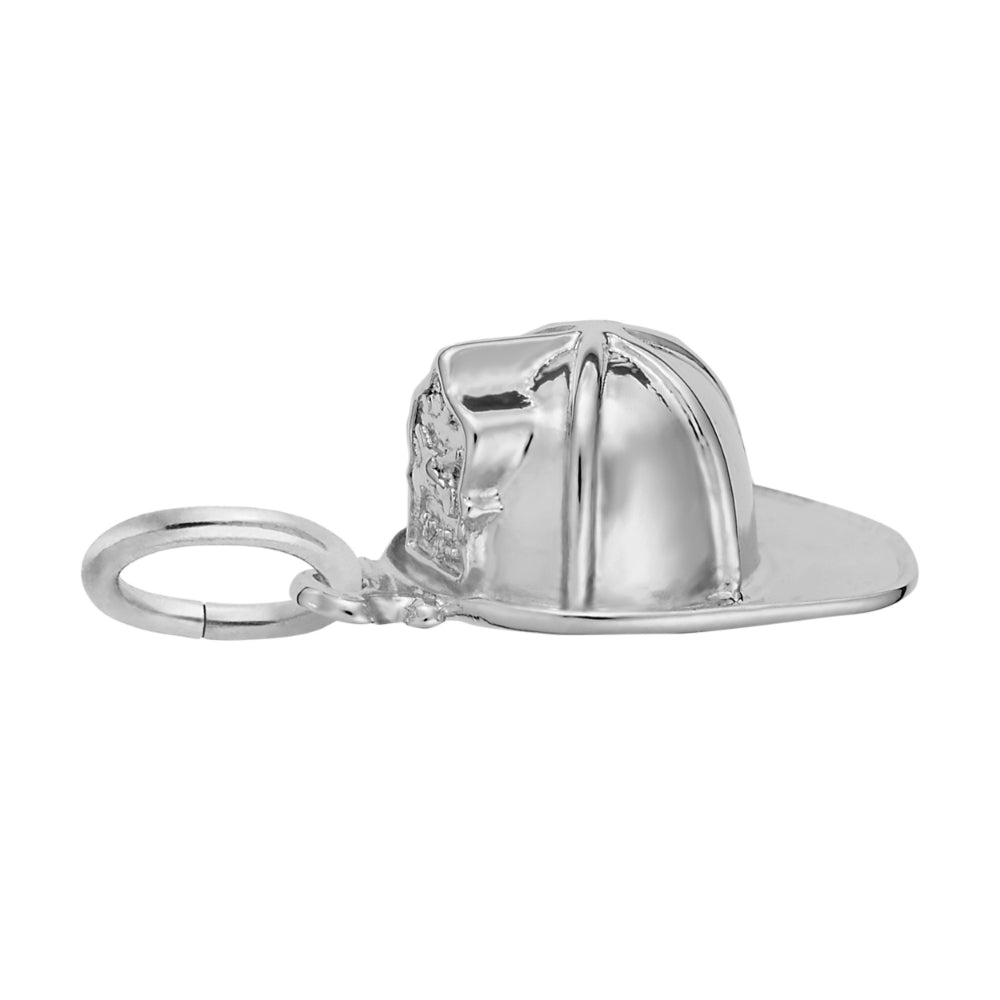 Silver Firefighter helmet charm with badge details, shown on a white background