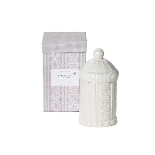 Two's Company Cable Knit Lidded Filled Candle with Fraser Fir Scent in Gift Box