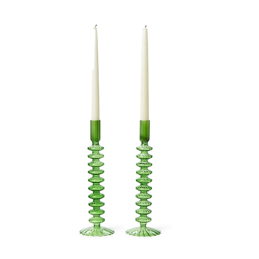 Two's Company Hand-Blown Red + Green Glass Candlesticks - Set of 2