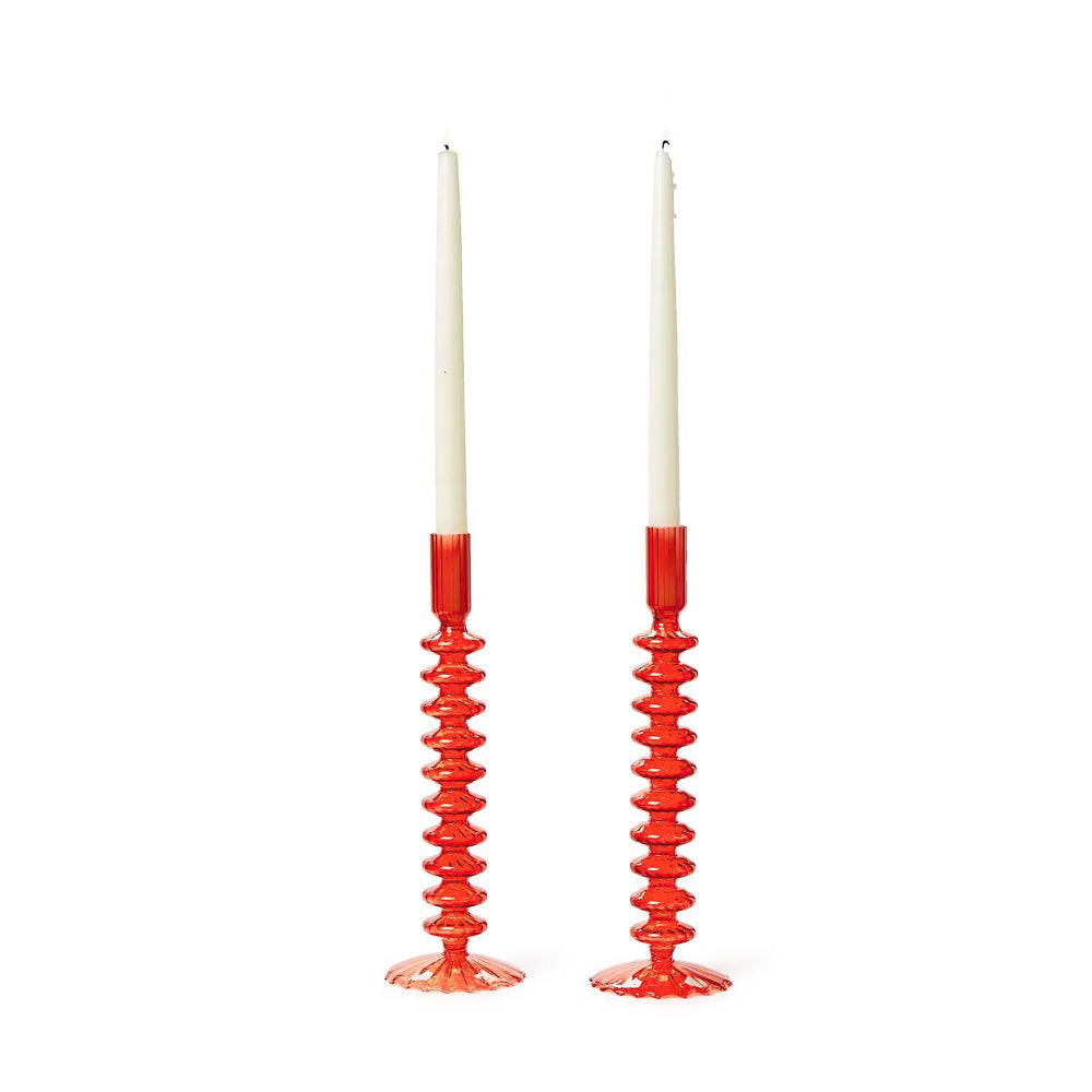 Two's Company Hand-Blown Red + Green Glass Candlesticks - Set of 2