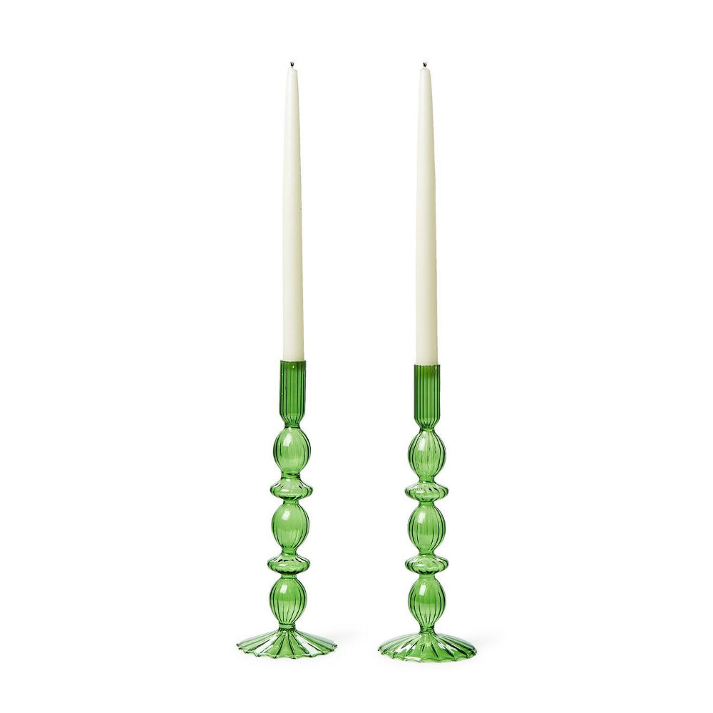 Two's Company Hand-Blown Red + Green Glass Candlesticks - Set of 2