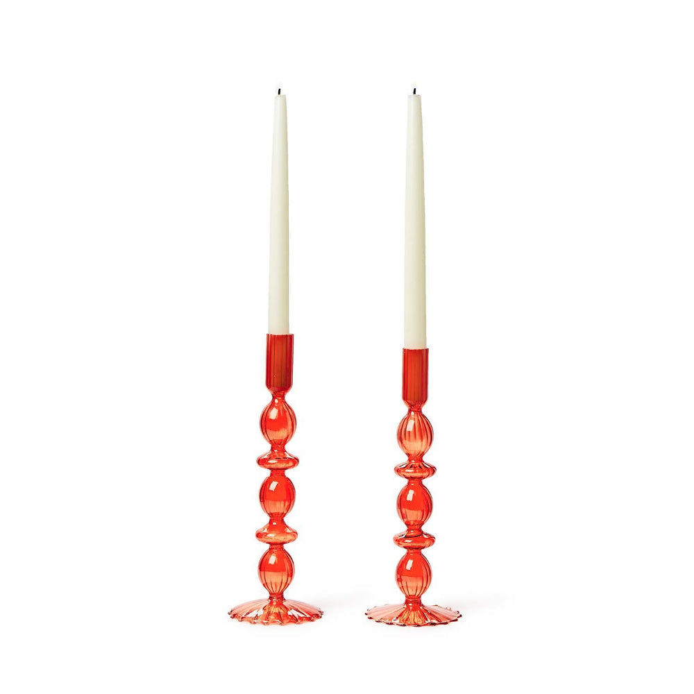 Two's Company Hand-Blown Red + Green Glass Candlesticks - Set of 2