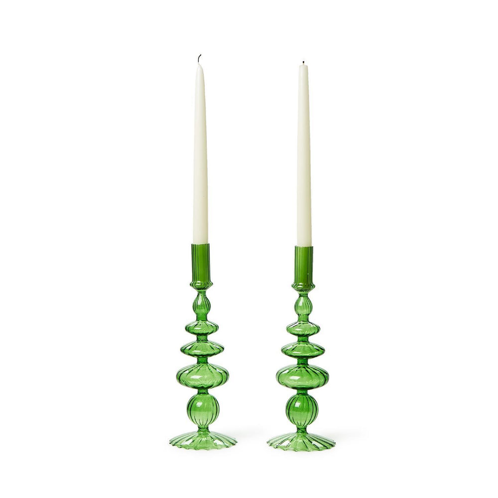 Two's Company Hand-Blown Red + Green Glass Candlesticks - Set of 2