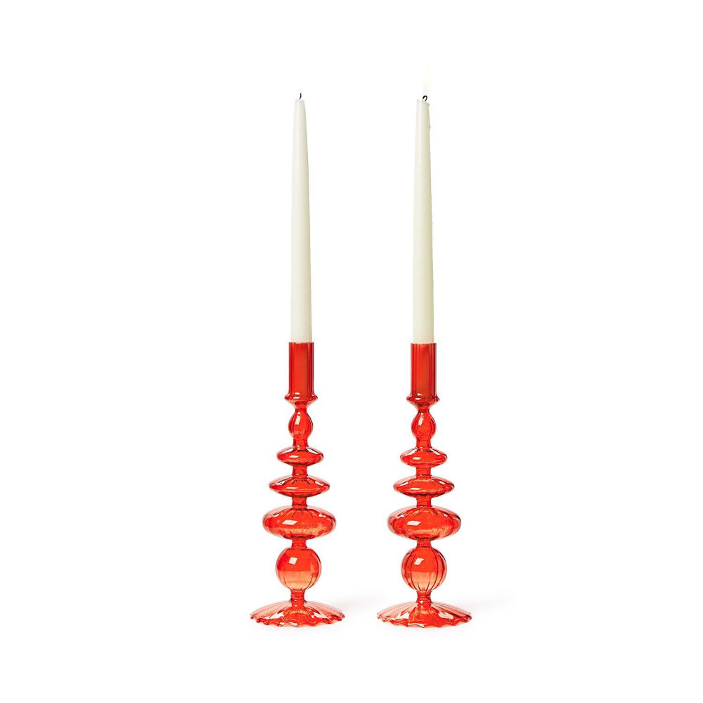 Two's Company Hand-Blown Red + Green Glass Candlesticks - Set of 2