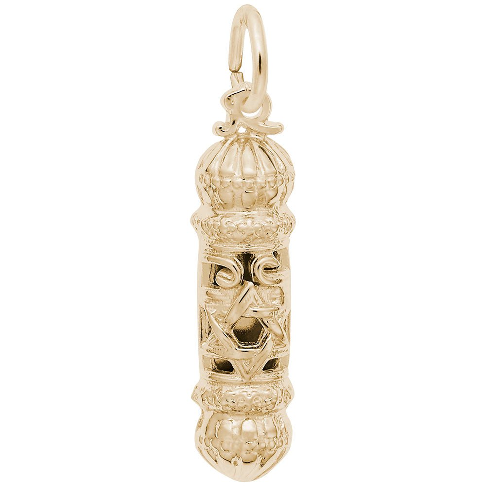 Gold Mezuzah Charm, shown on a white background