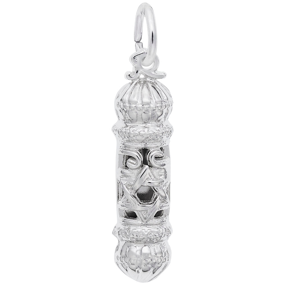 Silver Mezuzah Charm, shown on a white background
