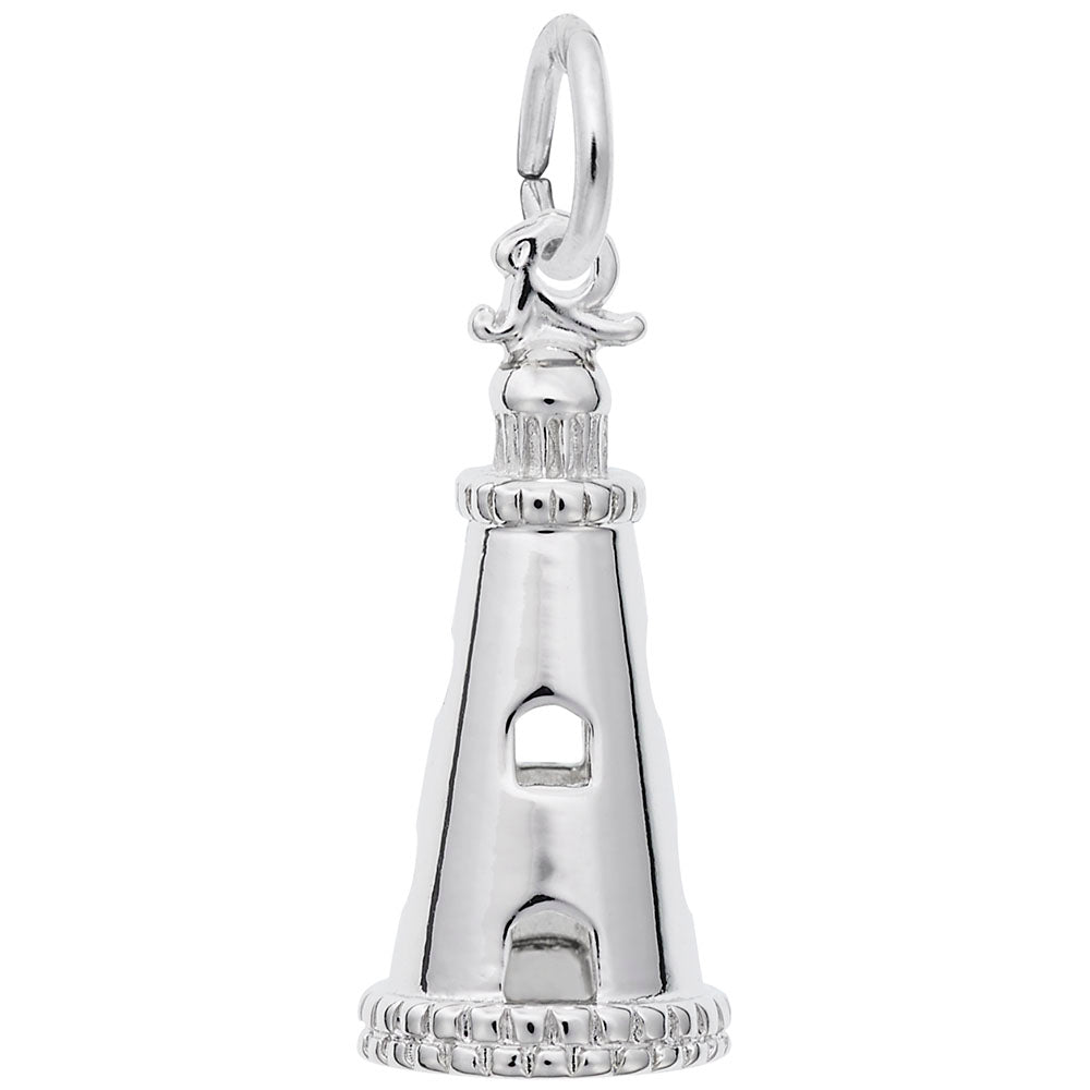 Silver lighthouse charm on a white background