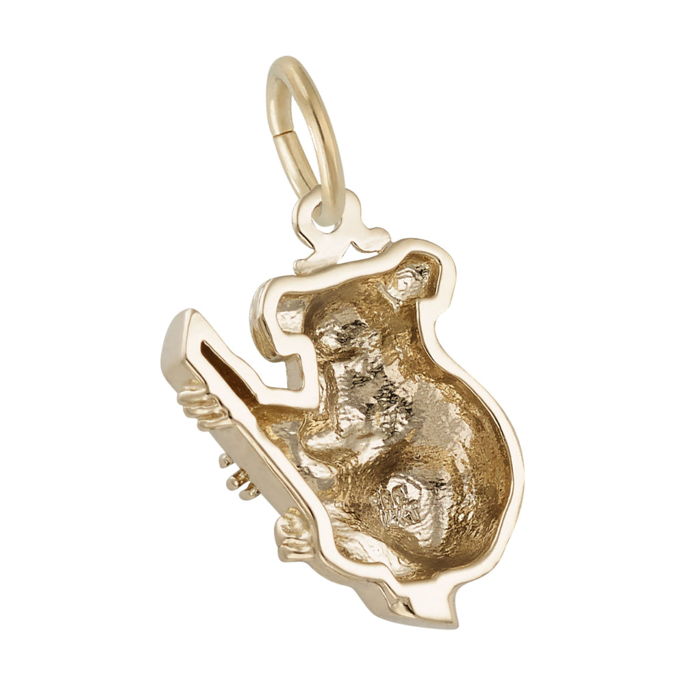 Back of gold koala bear charm holding a eucalyptus branch on a white background