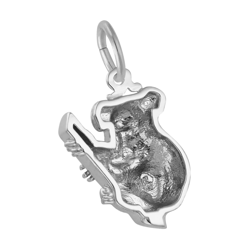 Back of silver koala bear charm holding a eucalyptus branch on a white background