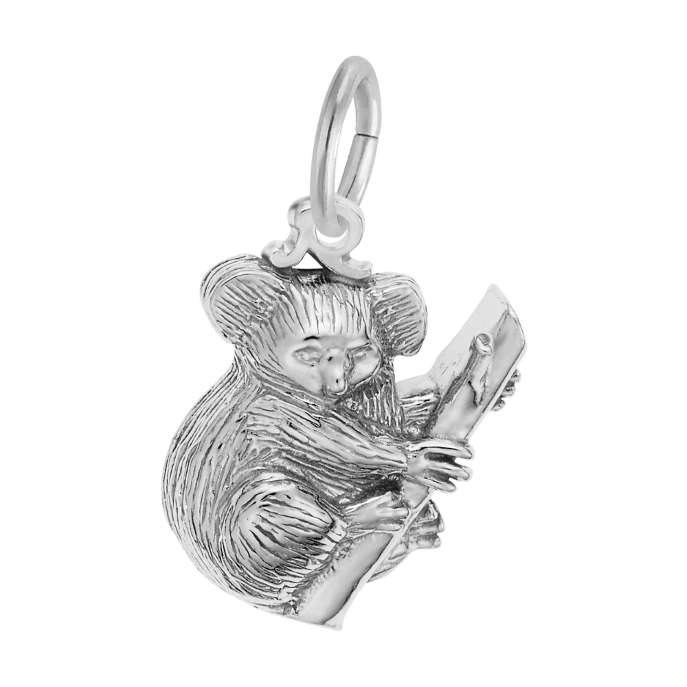 Silver koala bear charm holding a eucalyptus branch on a white background
