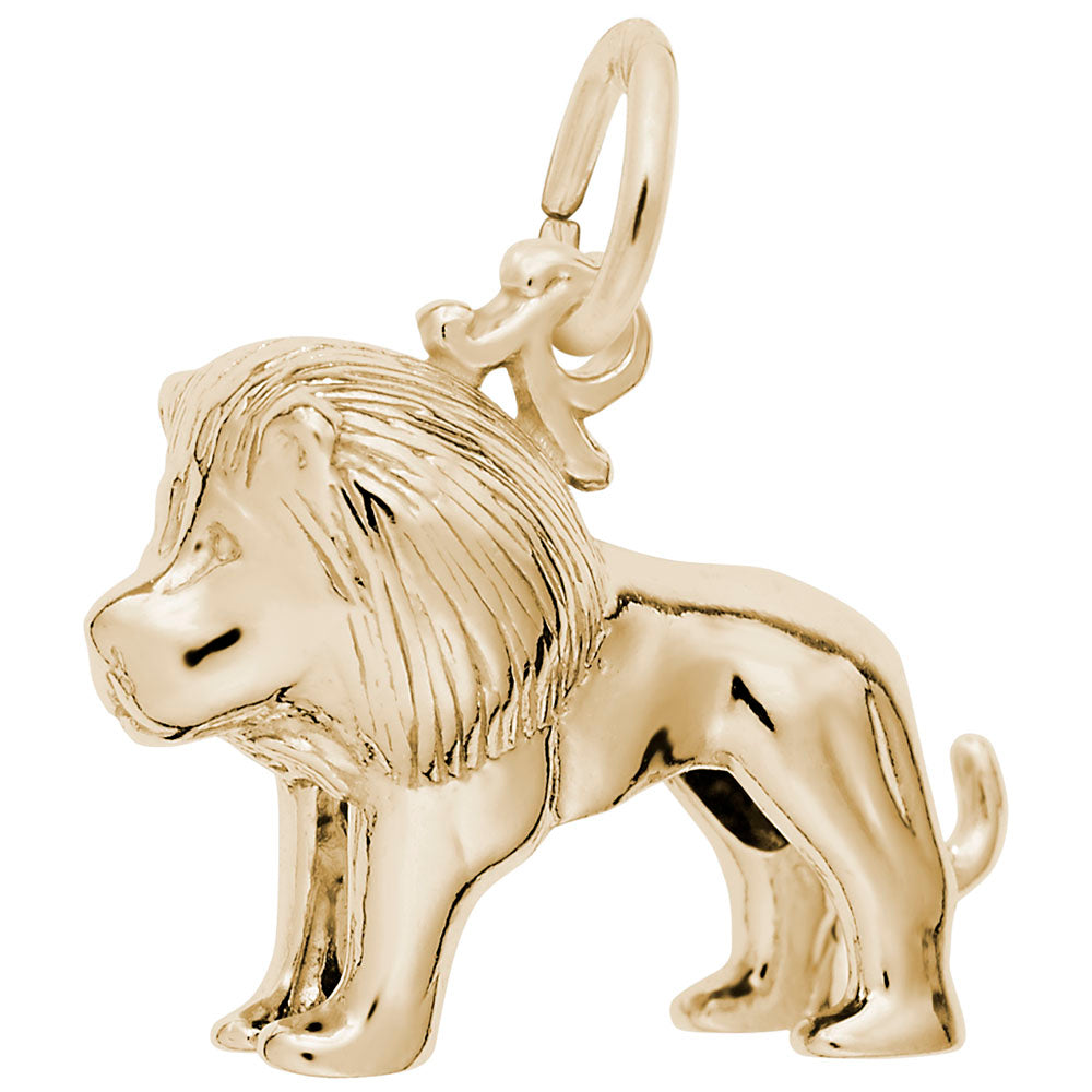 Gold lion charm with detailed mane, shown on a white background