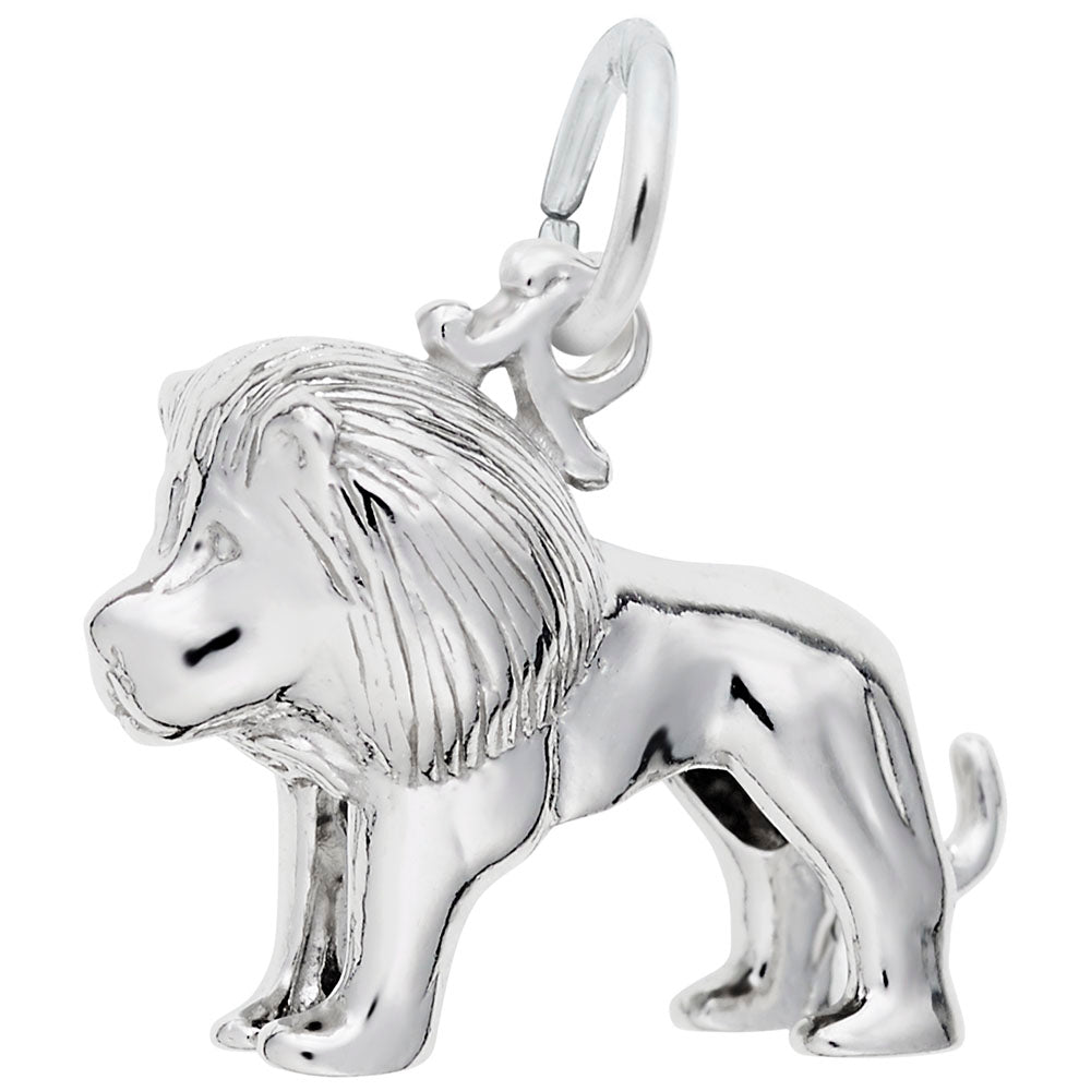 Silver lion charm with detailed mane, shown on a white background