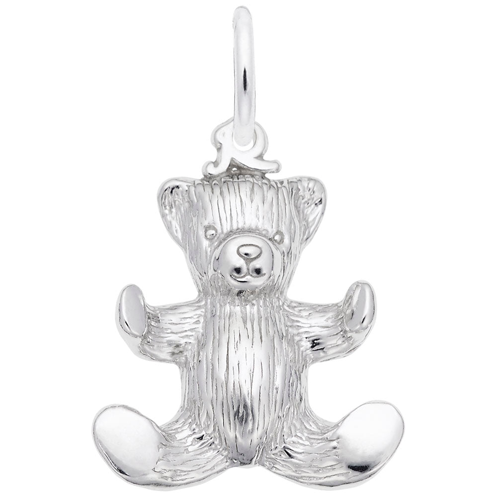 Silver teddy bear charm on a white background