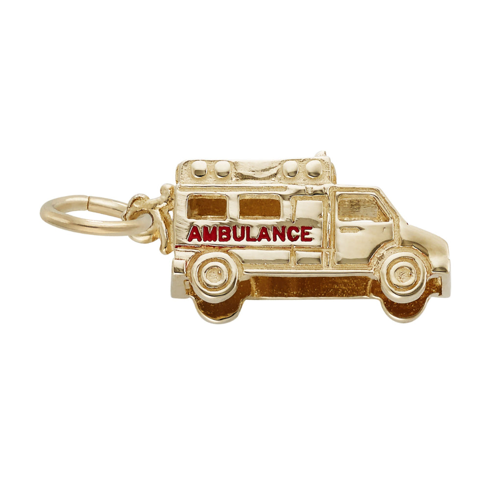 Gold ambulance charm with painted "AMBULANCE" text, shown on a white background, facing right