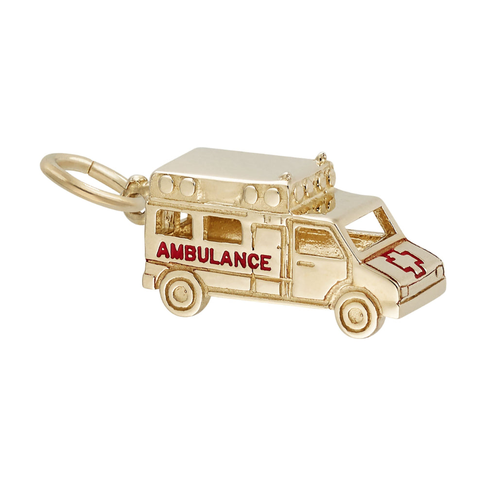 Silver ambulance charm with painted "AMBULANCE" text and medical cross symbol, shown on a white background