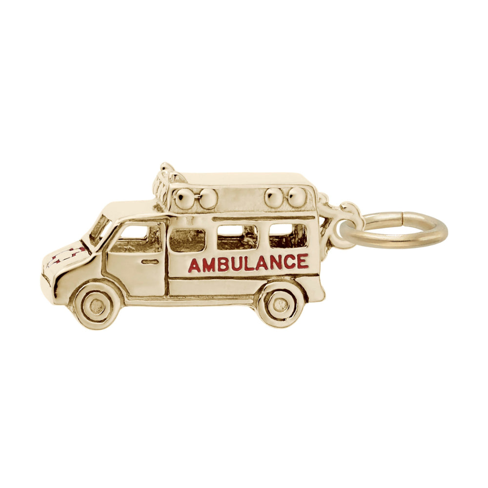 Gold ambulance charm with painted "AMBULANCE" text, shown on a white background, facing left