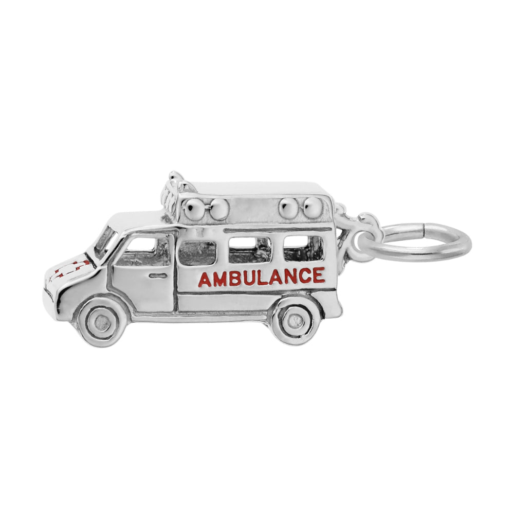 Silver ambulance charm with painted "AMBULANCE" text, shown on a white background