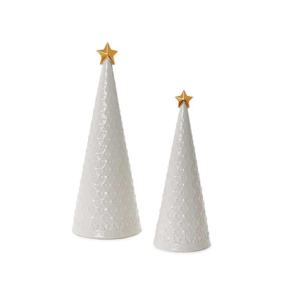 Two's Company Winter Lace Set of 2 Embossed Pattern Christmas Trees with Gold Star