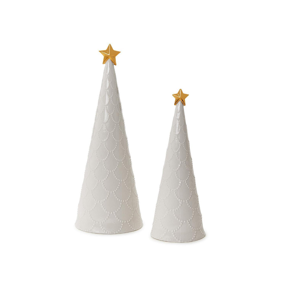Two's Company Winter Lace Set of 2 Embossed Pattern Christmas Trees with Gold Star
