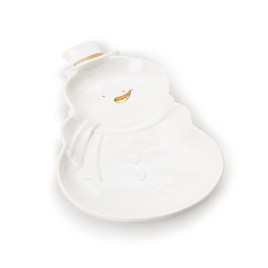 Two's Company Snowman Serving Dish with Gold Hand-Painted Accents
