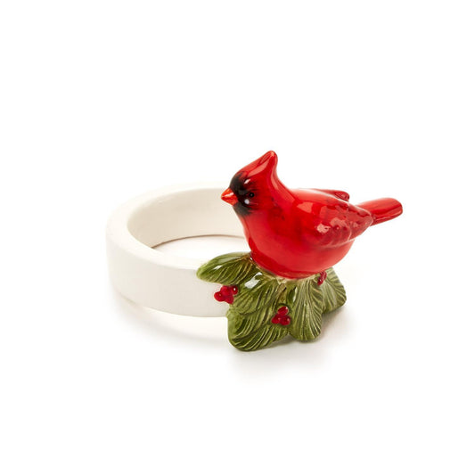 Two's Company Cardinal and Holly Hand-Painted Ceramic Napkin Ring