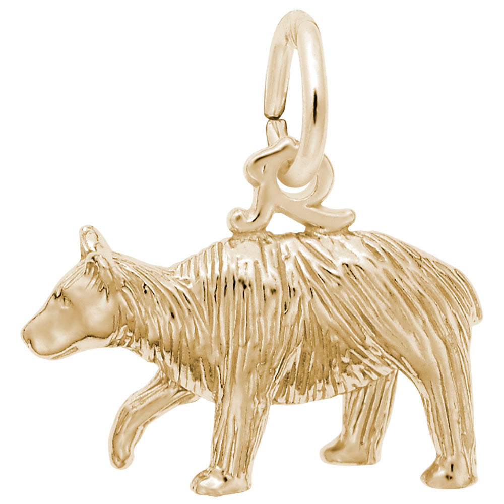 Gold bear shaped charm with fur detailing, shown on a white background